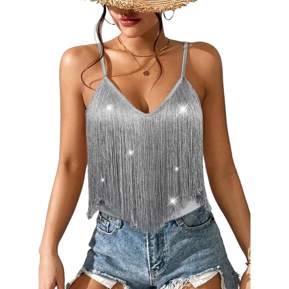 Women's Silver Fringe Tank Top Western Festival Clothing Cowgirl V Neck Outfits - Picture 1 of 6
